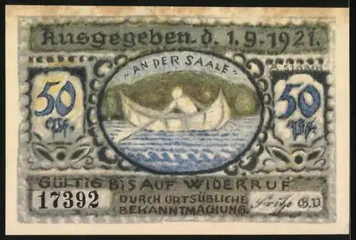 Notgeld Volkstedt, 1921, 50 Pfennig, Zinnschale und Kanufahrer auf der Saale