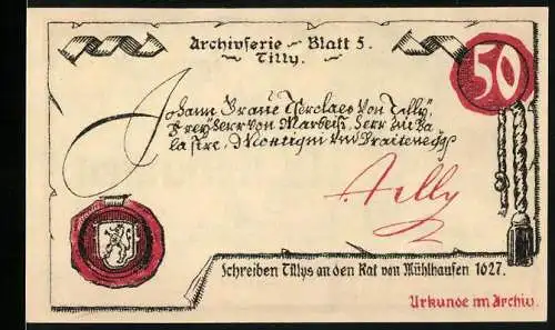Notgeld Mühlhausen 1921, 50 Pfennig, Archivserie Blatt 5 Tilly, Stufen führen kellertief zu den Schätzen im Archiv