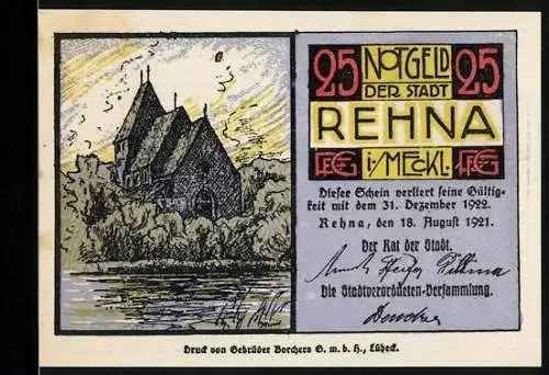 Notgeld Rehna, 1921, 25 Pfennig, Kirche und Text von Fritz Reuter, Druck von Gebrüder Borchers