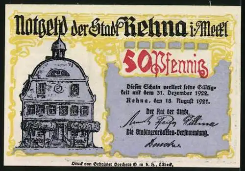 Notgeld Rehna 1921, 50 Pfennig, Mann bei der Arbeit und Stadthaus, gültig bis 31. Dezember 1922