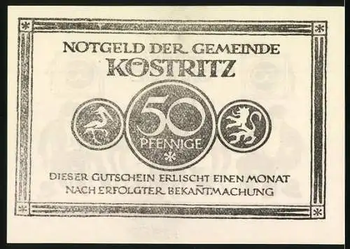 Notgeld Köstritz, 50 Pfennig, Drei Männer und Schwarzbierwerbung, Löwe und Greif, Gutschein der Gemeinde Köstritz