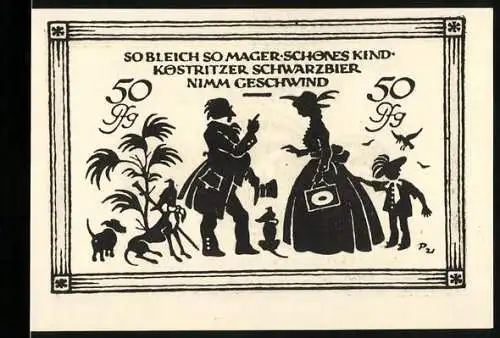 Notgeld Köstritz, 50 Pfennig, Illustration von Menschen und Tieren, Text: Köstritzer Schwarzbier