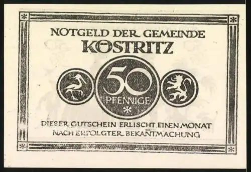 Notgeld Köstritz, 50 Pfennig, Illustration von Menschen und Tieren, Text: Köstritzer Schwarzbier