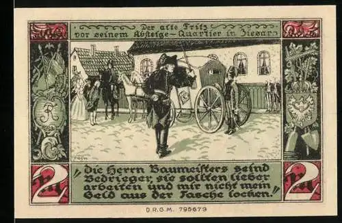 Notgeld Ziesar, 2 Mark, Der alte Fritz vor seinem Absteige-Quartier in Jiesar, Konto D, 33165