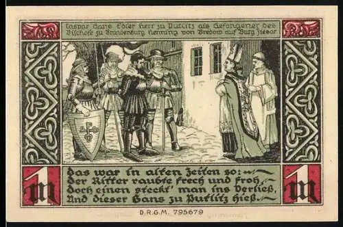 Notgeld Ziesar, 1 Mark, Darstellung von Hans Edler Herr zu Wurits, Kirche und Burg Ziesar