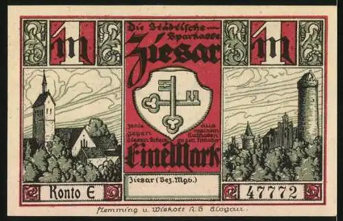 Notgeld Ziesar, 1 Mark, Darstellung von Hans Edler Herr zu Wurits, Kirche und Burg Ziesar