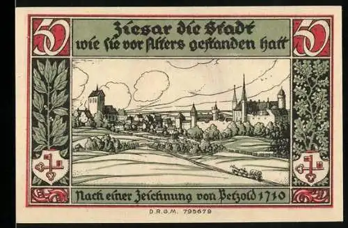 Notgeld Ziesar, 50 Pfennig, Stadtansicht und Wappen der Städtischen Sparkasse