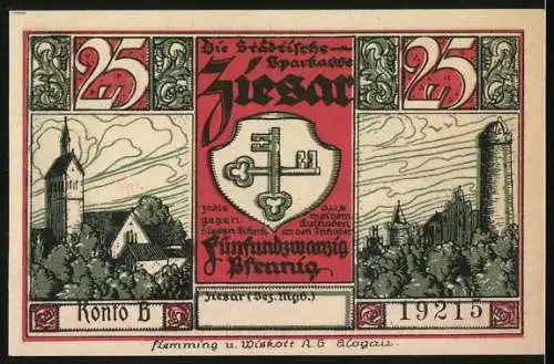 Notgeld Ziesar, 25 Pfennig, Töpfer an der Drehscheibe und Stadtszene mit Kirchen und Schlüsselwappen