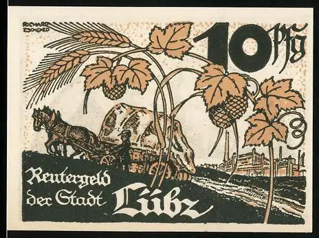 Notgeld Lübz, 1921, 10 Pfennig, Reutergeld der Stadt Lübz mit Hopfen und Pferdewagen