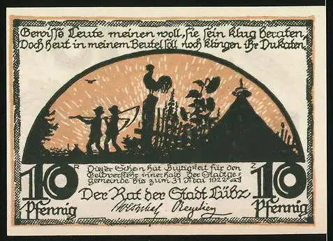 Notgeld Lübz, 1921, 10 Pfennig, Reutergeld der Stadt Lübz mit Hopfen und Pferdewagen