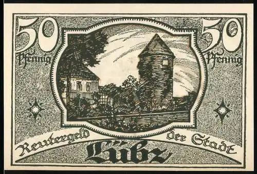 Notgeld Lübz, 1921, 50 Pfennig, Turm und Gebäude, florale Muster mit Krone und Schrift auf Rückseite