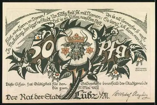 Notgeld Lübz, 1921, 50 Pfennig, Turm und Gebäude, florale Muster mit Krone und Schrift auf Rückseite