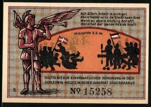 Notgeld Süderbrarup, 1921, 50 Pfennig, Soldaten und Trompeter, Düppeler Mühle 1864, Gemeinde Süderbrarup