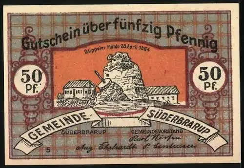 Notgeld Süderbrarup, 1921, 50 Pfennig, Soldaten und Trompeter, Düppeler Mühle 1864, Gemeinde Süderbrarup