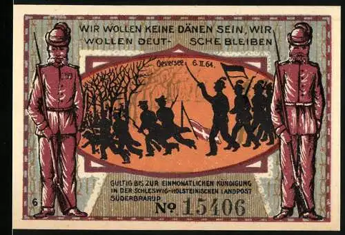 Notgeld Süderbrarup, 50 Pfennig, Darstellung von Soldaten und Denkmal auf dem Kirchhof von Oeversee