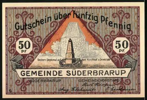 Notgeld Süderbrarup, 50 Pfennig, Darstellung von Soldaten und Denkmal auf dem Kirchhof von Oeversee