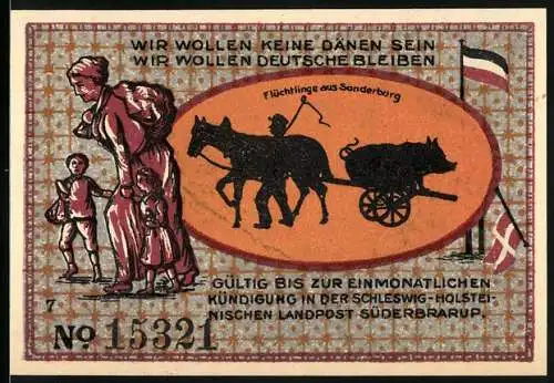 Notgeld Süderbrarup, 50 Pfennig, Flüchtlinge aus Sonderburg und Bombardement 1864, gültig bis einmonatliche Kündigung