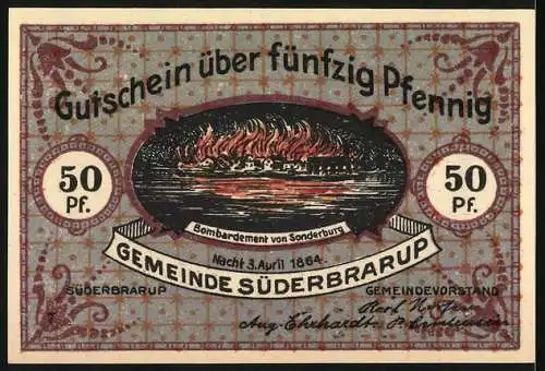 Notgeld Süderbrarup, 50 Pfennig, Flüchtlinge aus Sonderburg und Bombardement 1864, gültig bis einmonatliche Kündigung