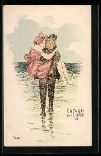 Künstler-AK Raphael Kirchner: Enfants de la Mer, Fischer rettet ein Mädchen aus den Fluten