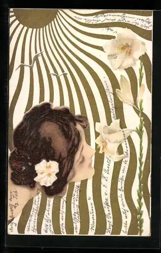 Künstler-Lithographie Raphael Kirchner: schöne junge Frau riecht an einer Blume