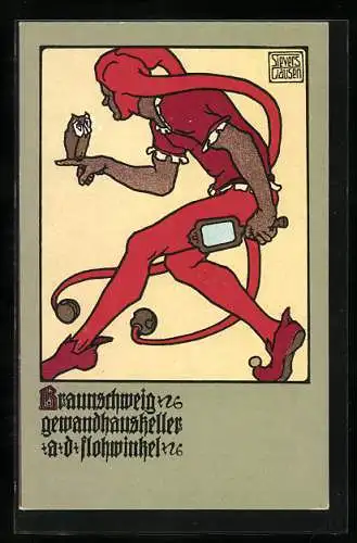 Künstler-AK sign. Sievers-Clausen: Braunschweig, Gewandhauskeller a. d. Flohwinkel, Till Eulenspiegel mit Spiegel & Eule