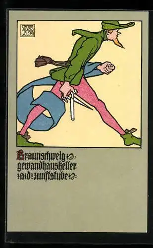 Künstler-AK sign. Sievers-Clausen: Braunschweig, Gewandhauskeller a. d. Zunftstube, Schneider mit Schere