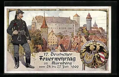 Künstler-AK Nürnberg, Feuerwehrmann in Uniform und Ortsansicht, 17. Deutscher Feuerwehrtag 1909