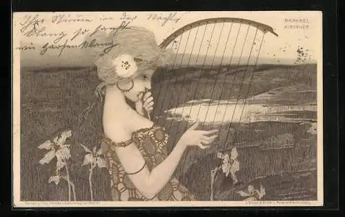 Künstler-AK Raphael Kirchner: Schönheit spielt Harfe