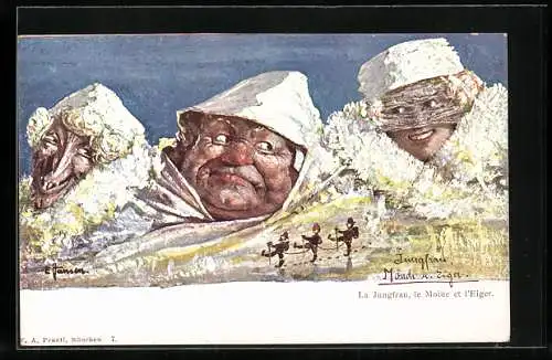 Künstler-AK sign. E. Hansen /Emil Nolde: Jungfrau, Mönch und Eiger, Berg mit Gesicht / Berggesichter