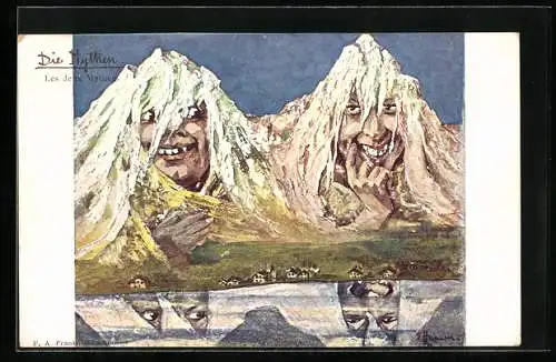 Künstler-AK sign. E. Hansen / Emil Nolde: Die Mythen, Berg mit Gesicht / Berggesichter, Reflektion im Gebirgssee