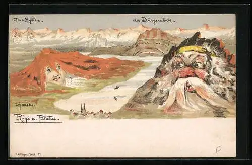 Künstler-AK sign. E. Hansen /Emil Nolde: Rigi und Pilatus mit Bürgenstock, Berg mit Gesicht / Berggesichter