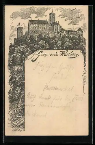 Vorläufer-Lithographie Ganzsache PP6F54 /021: Eisenach, 1888, Blick zur Wartburg