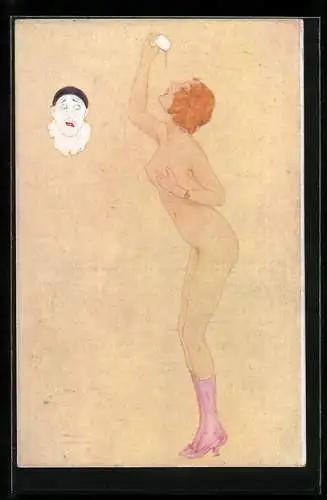 Künstler-AK Raphael Kirchner: La Gourmandise, Schöne Nackte ölt ihren Körper ein, Harlekin schaut zu