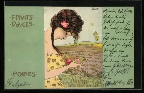 Künstler-AK Raphael Kirchner: Fruits Douces, Poires, Schöne mit reifen Birnen