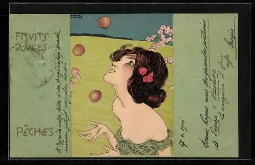 Künstler-AK Raphael Kirchner: Fruits Douces, Peches, Schöne jongliert mit Pfirsichen