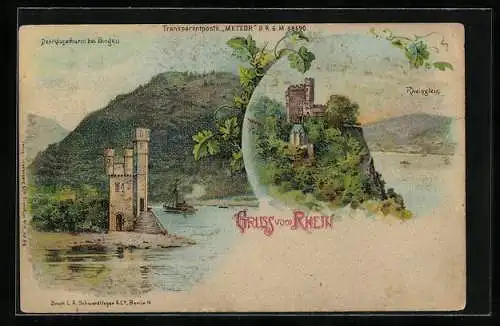 Lithographie Bingen / Rhein, Mäuseturm, Burg Rheinstein, Halt gegen das Licht: Mondschein