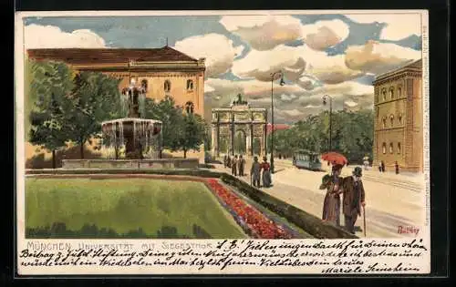 Künstler-Lithographie Paul Hey: München, Universität mit Siegesthor und Strassenbahn