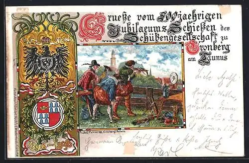 Lithographie Kronberg / Taunus, Jubiläums-Schiessen der Schützengesellschaft 1898, Schützen, Zielscheibe, Wappen