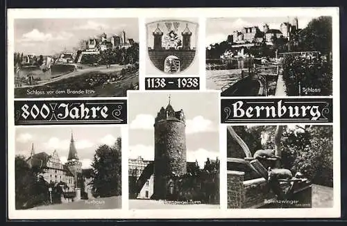 AK Bernburg, 800 Jahre 1138-1938, Schloss vor dem Brande 1894, Schloss, Kurhaus, Till-Eulenspiegel-Turm, Bärenzwinger