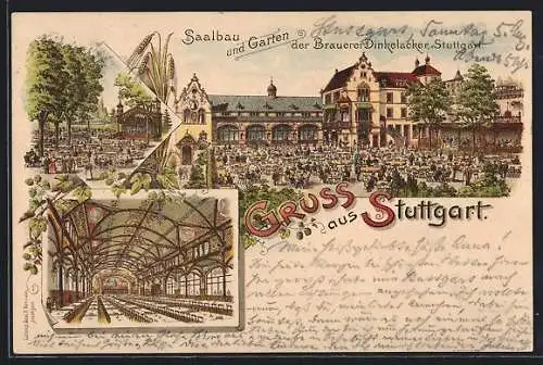 Lithographie Stuttgart, Gasthof-Brauerei Dinslaker, Gartenlokal, Saal