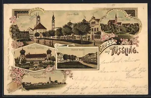 Lithographie Tüssling, Oberer und Unterer Markt, Schloss, Burg-Kirchen am Wald