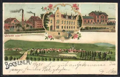 Lithographie Bockenem, Brauerei, Post, Bahnhof, Gesamtansicht