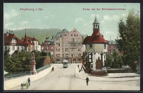 AK Freiburg i. Br., Partie bei der Schwabentorbrücke, Strassenbahn