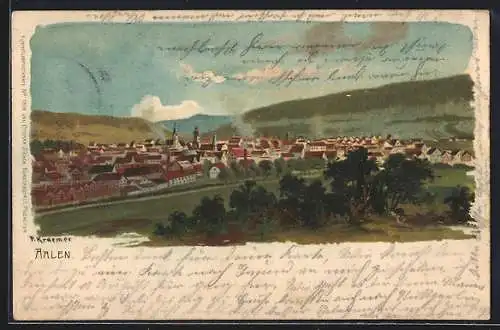 Lithographie Aalen, Panoramablick auf die Ortschaft