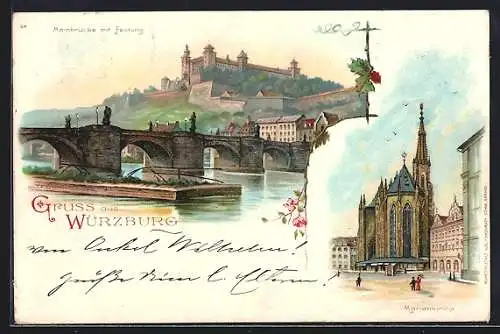 Lithographie Würzburg, Alte Mianbrücke mit Festung, Marien-Capelle