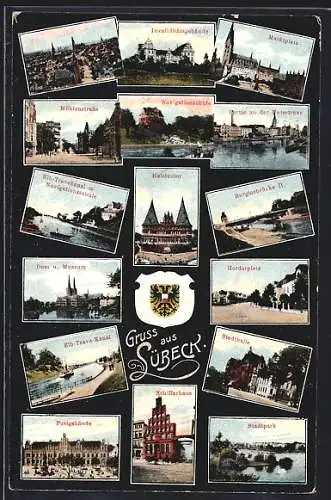 AK Lübeck, Panorama, Mühlenstrasse, Burgtorbrücke, Herderplatz & Schifferhaus