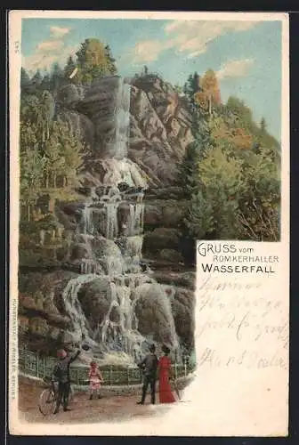 Lithographie Oker, Besucher am Romkerhaller Wasserfall