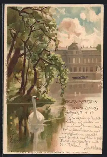 Lithographie Ludwigsburg, Schloss Monrepos, Schwan