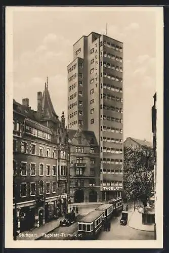 AK Stuttgart, Tagblatt-Turmhaus, Strassenbahn