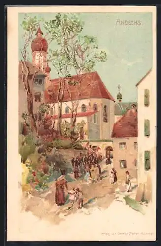 Lithographie Andechs, Strassenpartie bei der Kirche